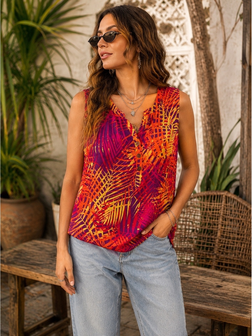 Palm Harbour Dopamine Tropical Palm Print Sleeveless Blouse Size M